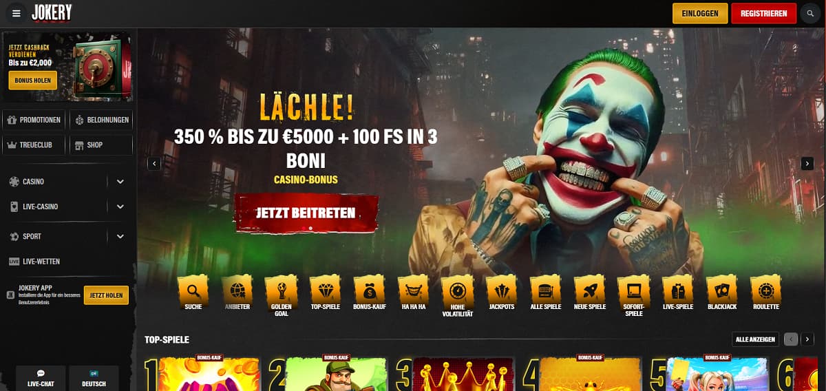 Jokery Casino-Startseite mit einem bunten Raster beliebter Spiele wie Fist of Destruction, Mummyland Treasures und Zeus 1000 sowie einem Banner mit bis zu 1000 € Bonus und 150 Freispielen. Die Oberfläche bietet Navigation für Jackpots, Megaways, Feature Buys und klassische Slots.
