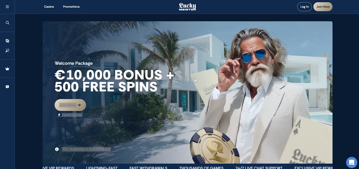 LuckyMeister Startseite mit Willkommenspaket von 10.000 € Bonus plus 500 Freispielen. Luxusdesign mit Villa, Pool und Spieler, der Chip und Asskarte hält. Navigation umfasst Casino und Promotionen, dazu Hinweise auf schnelle Auszahlungen, VIP-Rewards und 24/7‑Support. 