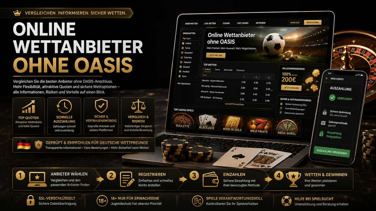 Premium-Hero-Banner für Online Wettanbieter ohne OASIS mit Laptop, Smartphone und Casinoelementen.